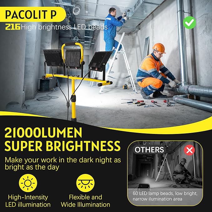21000 LM LED Work Light with Stand, 3-Head Adjustable Portable Tripod Light - Image 2