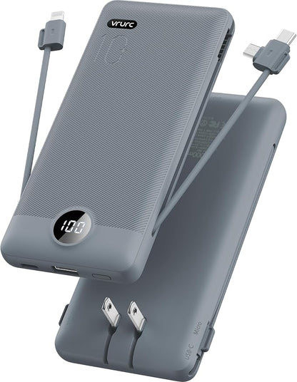 VRURC Portable Charger Built-in Cables and AC Wall Plug, USB C Power Bank by Home