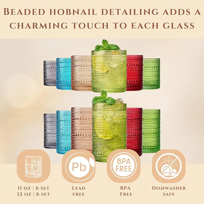 Khen Hobnail Beaded Highball Drinking Tumbler Glasses | Set of 12 | Autumn - Image 3