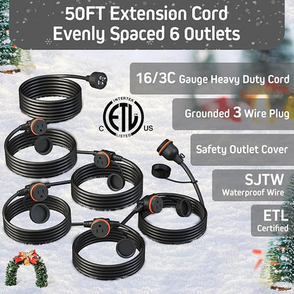 50FT Black Outdoor Extension Cord, Evenly Spaced 6 Outlets Plugs - Image 3