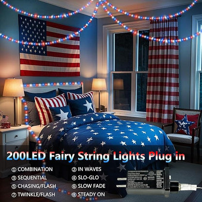 66Ft 200 LED Red White and Blue Fairy Lights Plug in, July 4th Waterproof - Image 3