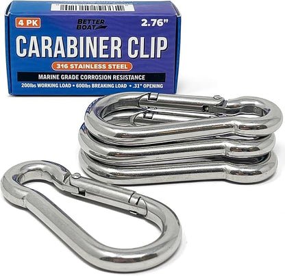 Stainless Steel Carabiner Clip, 4 Pack, 316 Marine Grade, Heavy Duty Spring by BetterBoat