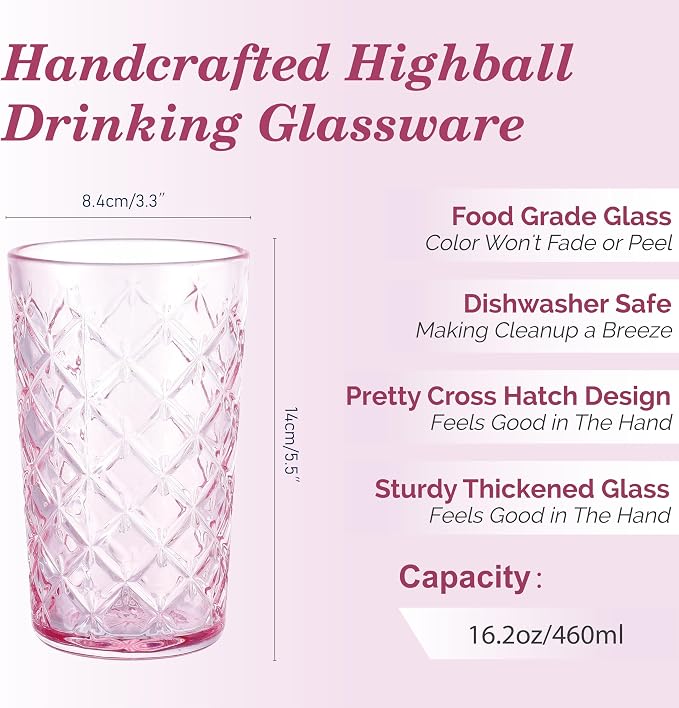 Drinking Highball Glasses Set of 4, Vintage Cross Hatch Glass Cups, 15.5oz Tall - Image 2