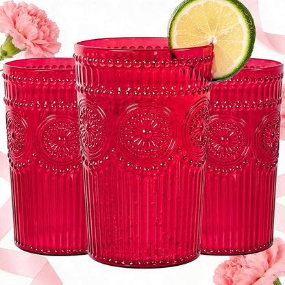 Ciaell 12 Pack Romantic Plastic Water Glasses - 14 Oz Red Vintage Drinking by Ciaell