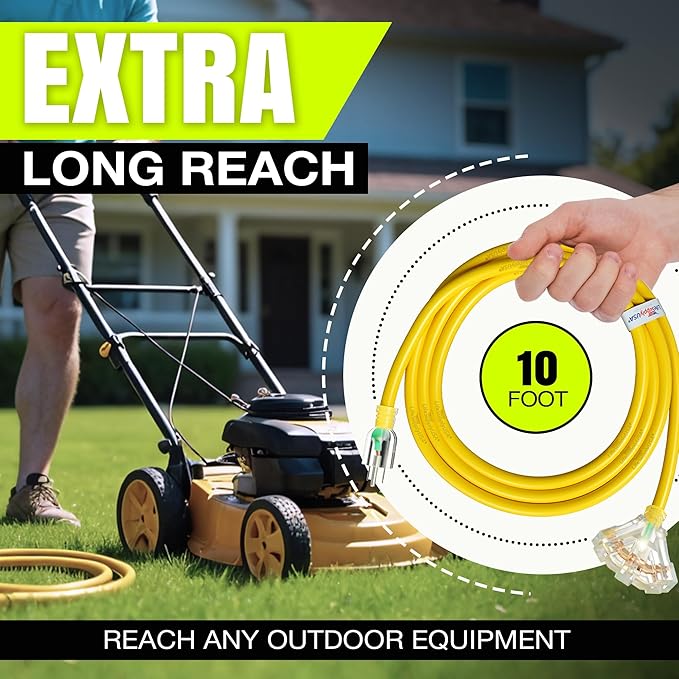 10ft Outdoor/Indoor Extension Cord 3-Outlet 12/3 Gauge Extra Heavy Duty 3 Prong - Image 6