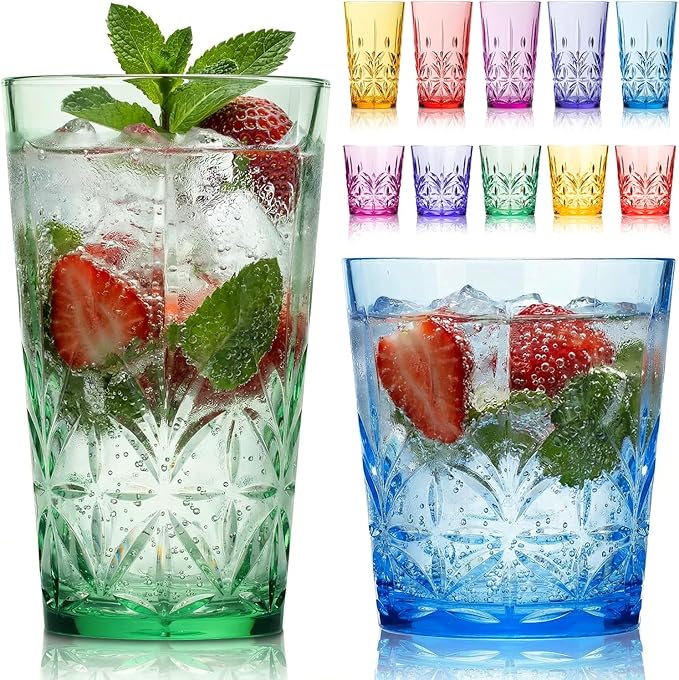 Bravario Royal Plastic Drinking Glasses, 13 and 18 oz Set of 12, Plastic Cups by Bravario
