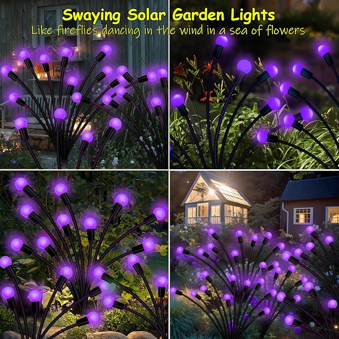 Kohlrabi Solar Garden Lights Outdoor, 4 Pack 32 LED Solar Purple Firefly Lights - Image 5