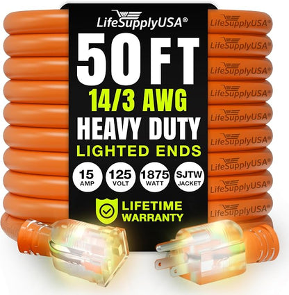50ft Outdoor/Indoor Extension Cord 14/3 Gauge Heavy Duty 3 Prong SJTW, by LifeSupplyUSA