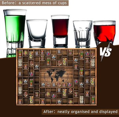 GlikCeil 88 Slots 48 x 34'' Jumbo World Map Shot Glass Display Case Rustic Wood - Image 4