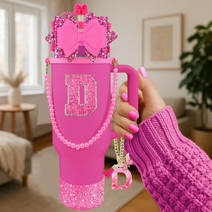 9PCS Hot Pink for Stanley Cup Accessories Set Bling Initials Bow Charms for - Image 2