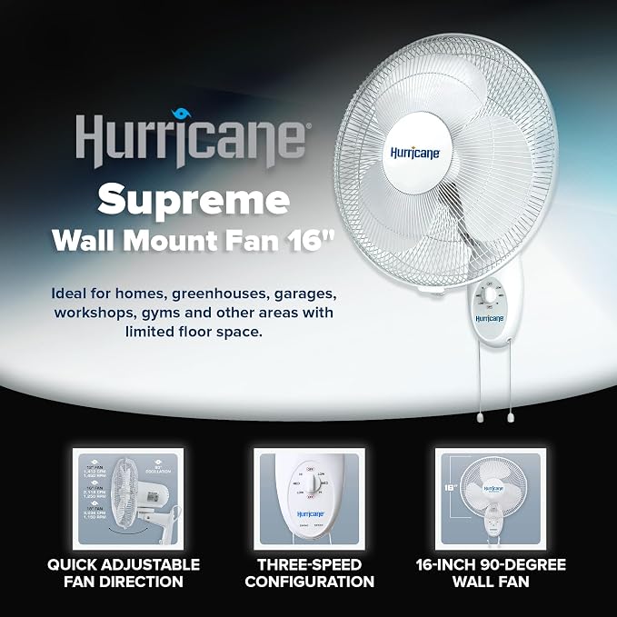 Hurricane 16" Supreme Oscillating Wall Mount Fan w/ 3 Quiet Speeds, Workshops & - Image 2