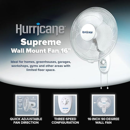 Hurricane 16" Supreme Oscillating Wall Mount Fan w/ 3 Quiet Speeds, Workshops & - Image 2