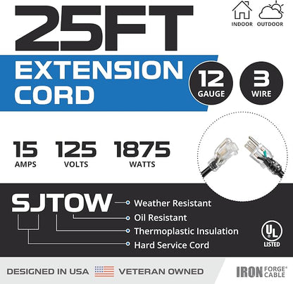 Iron Forge Cable 12 Gauge Outdoor Extension Cord 25 Ft, SJTOW 12/3 Heavy Duty - Image 2