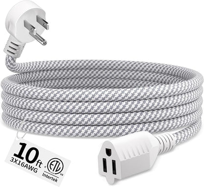 16 Gauge Braided Extension Cord 10 FT, 16/3 Flat Plug Power Cord Indoor by Seeklyze