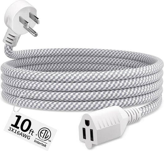 16 Gauge Braided Extension Cord 10 FT, 16/3 Flat Plug Power Cord Indoor by Seeklyze