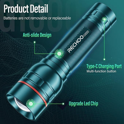RECHOO Rechargeable Flashlight 1 Pack, Bright Military Grade Torch Light High - Image 4