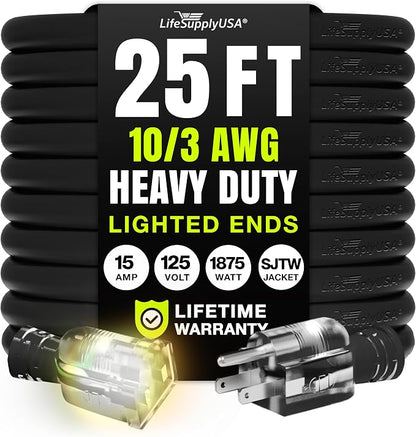 25ft Outdoor/Indoor Extension Cord 10/3 Gauge Ultra Heavy Duty 3 Prong SJTW by LifeSupplyUSA