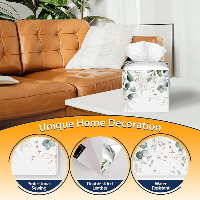 Tissue Box Cover Square, Eucalyptus Leaves Leaf Tissue Box Holder Waterproof - Image 4