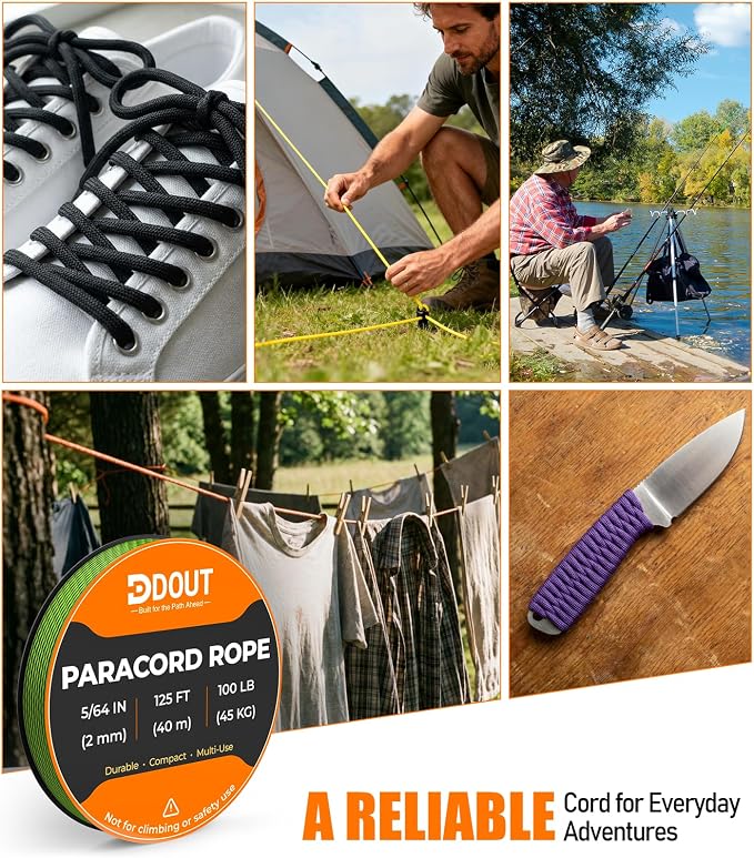 DDOUT 2mm Paracord 100lb, Thin Micro Paracord Rope, FLGreen 125FT Nylon Cord - Image 5