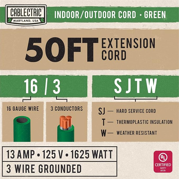 50 ft Outdoor Extension Cord 3 Prong, 16/3 SJTW Weatherproof Green Extension - Image 2
