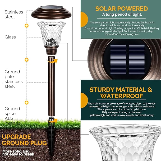 GIGALUMI 8 Pack Solar Pathway Lights, Solar Garden Lights Outdoor Warm White - Image 6