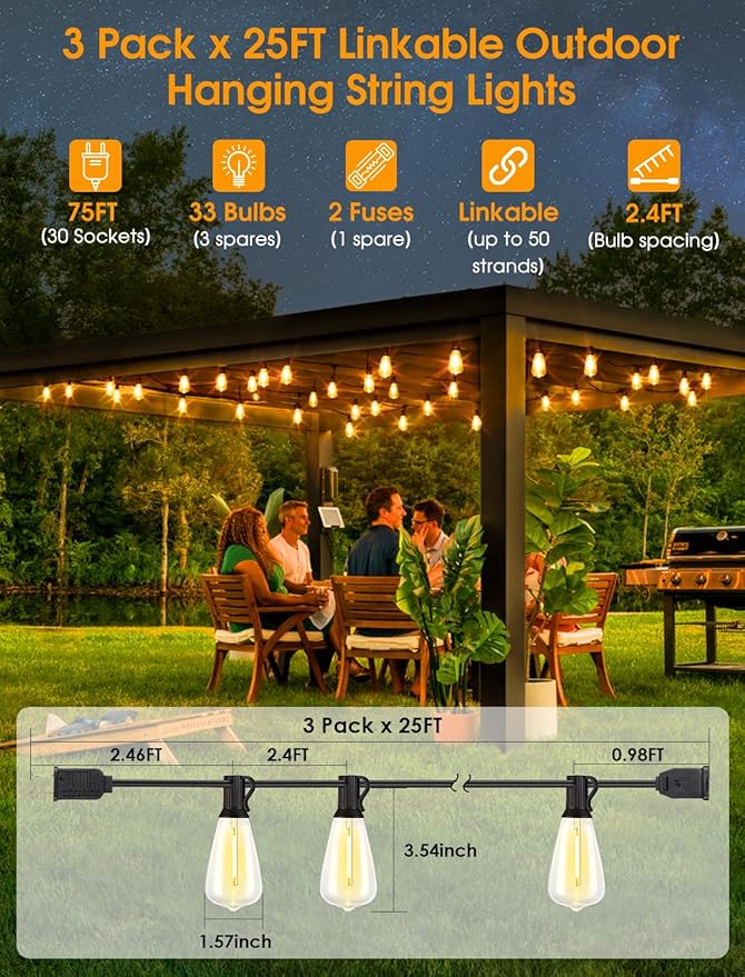Larkvue 75FT Outdoor String Lights, Patio Lights - Image 2