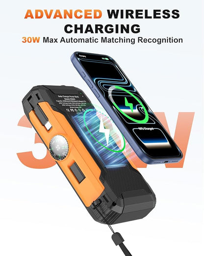 Solar Power Bank with Hand Crank and Retractable Cables, 20000mAh Wireless - Image 4