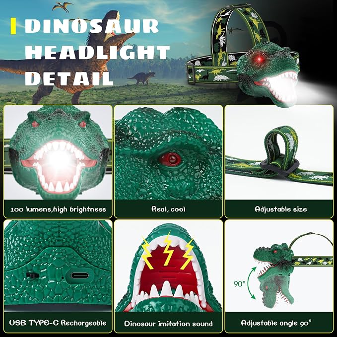 Dysaim Kids Headlamp, Rechargeable T-Rex Dinosaur Headlamp - Image 5