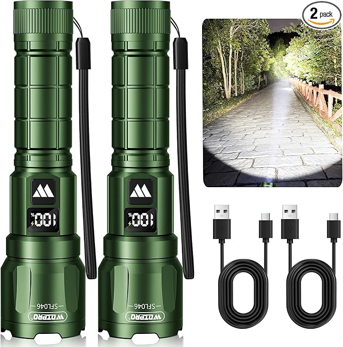 WdtPro LED Rechargeable Flashlight 2 Pack, Super Bright Zoomable 6000 Lumens by WdtPro