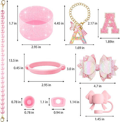 9PCS Pink for Stanley Cup Accessories Set Bling Initials Bow Charms for Stanley - Image 3