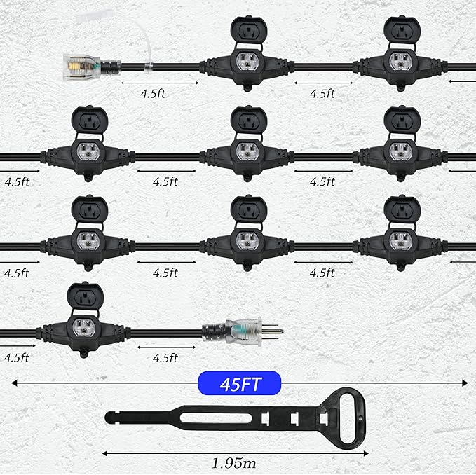 50FT 12 Gauge Multi-Outlet Outdoor Extension Cord, 10 Evenly Spaced - Image 3