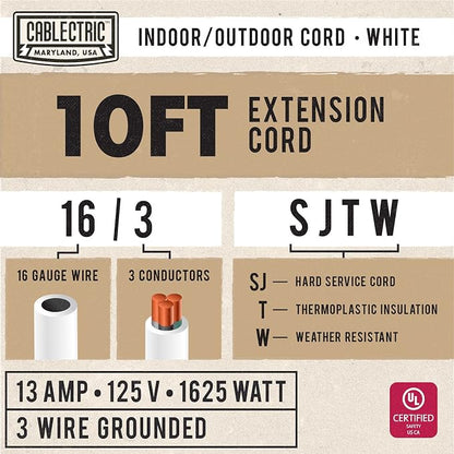 16/3 White Outdoor Extension Cord 10 Foot - 13 Amp Electrical Cable 3 Prong - Image 2