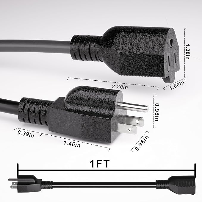Short Extension Cord 1 Foot Black 5 Pack, 16/3 Gauge Indoor Power Extension - Image 2