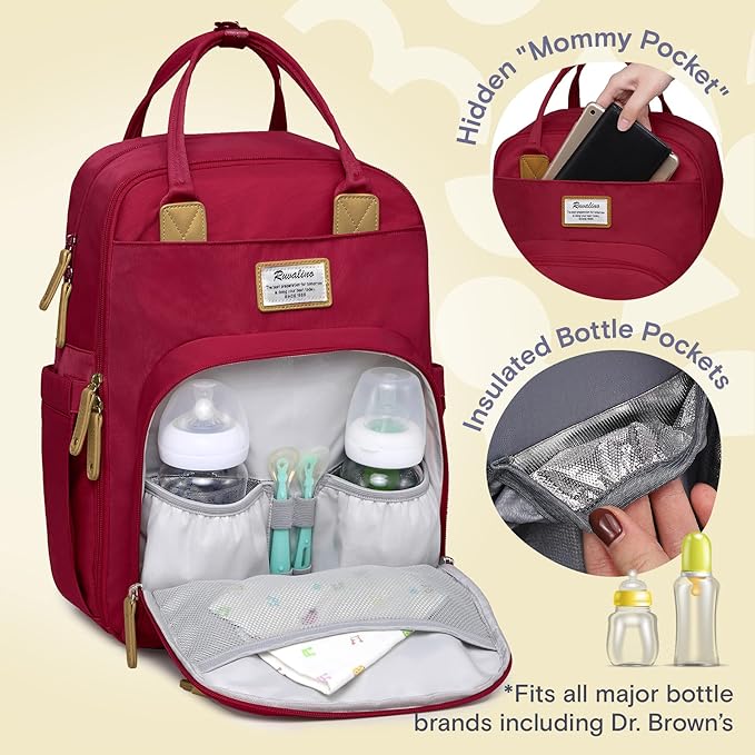 RUVALINO Diaper Bag Backpack, Large Capacity, Waterproof, Purplish Red - Image 2