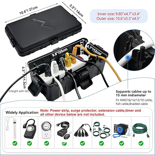 Hrensaw Medium Outdoor Electrical Box, IP54 Waterproof Extension Cord Cover w/6 - Image 2