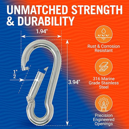 Stainless Steel Carabiner Clip, 4 Pack, 316 Marine Grade, Heavy Duty Spring - Image 3