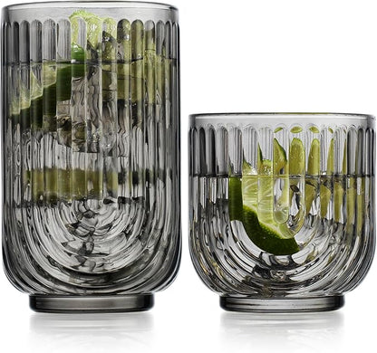16 Piece Smoke Glassware Set, Art Deco Black Drinking Glasses, Ribbed U-Shape by Glavers