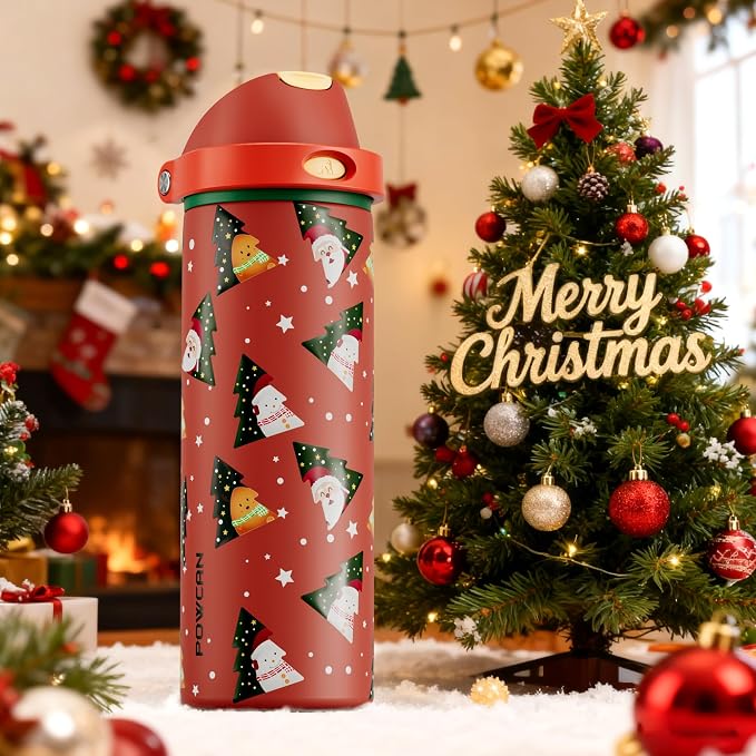 POWCAN 24 oz Christmas Insulated Water Bottle: 2-in-1 Push-Button Spout & - Image 6