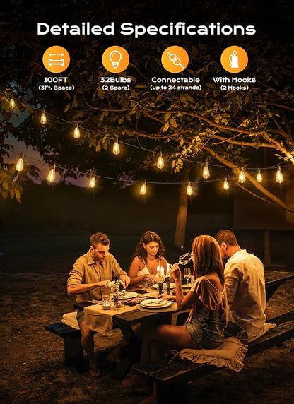Brightown Outdoor String Lights Patio Lights, 100FT ST38 Shatterproof Dimmable - Image 2