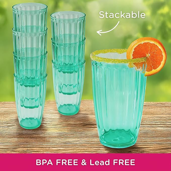 Kate Aspen Teal Fluted Plastic Drinking Glasses Set of 8, 21 oz, Acrylic - Image 4