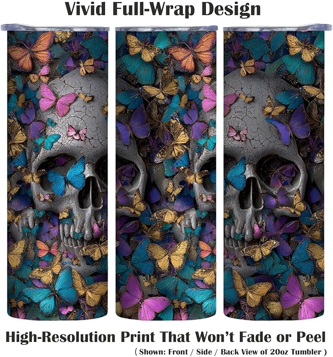 Firmiso 20 oz Tumbler｜Skinny Insulated Travel Mug｜Butterfly Skull Design - Image 2