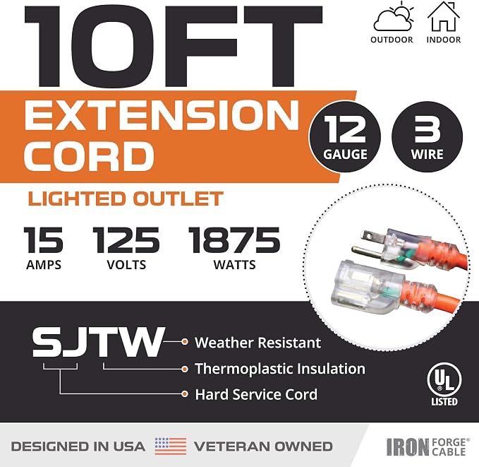 Iron Forge Cable 12 Gauge Extension Cord 10 ft, 12/3 SJTW 10 Foot Heavy Duty - Image 2