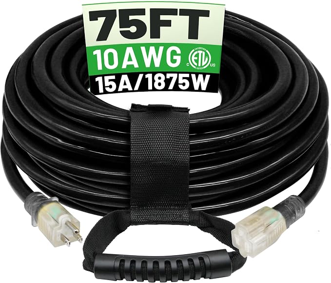 POWGRN 75 Ft 10AWG Black Outdoor Extension Cord Waterproof Heavy Duty 10 Gauge by POWGRN