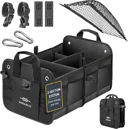 2-Section Trunk Organizer Foldable Car Storage Bin – Compact Dual-Compartment by DURABLEZ