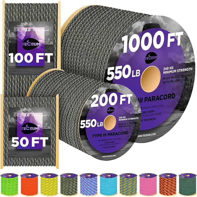 TECEUM Reflective Paracord Rope 1000 – 1000ft/200ft/100ft/50ft – 40+ Colors – by TECEUM