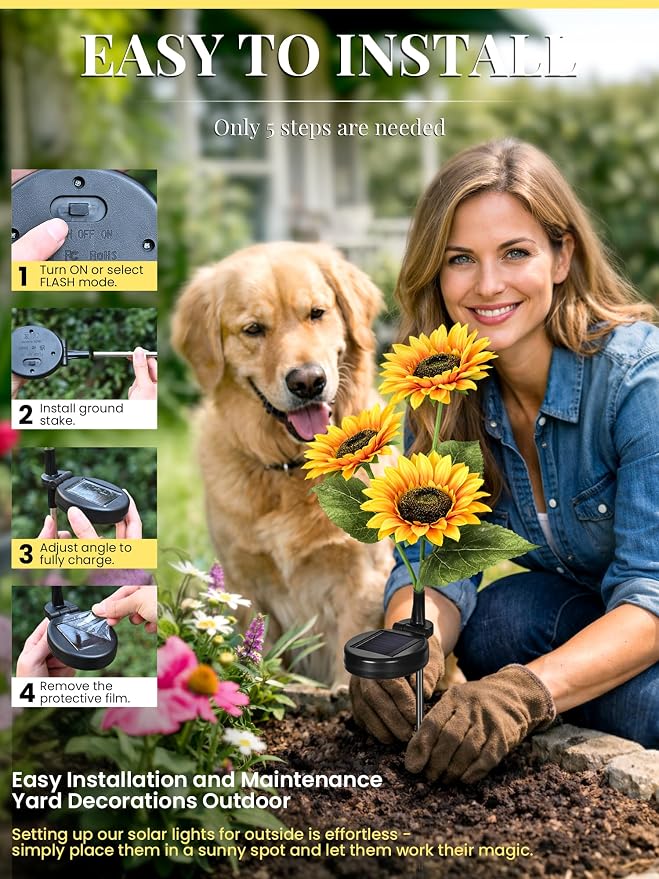 GIGALUMI Solar Garden Lights Artificial Sunflowers, LED Garden Decor Carefree - Image 5