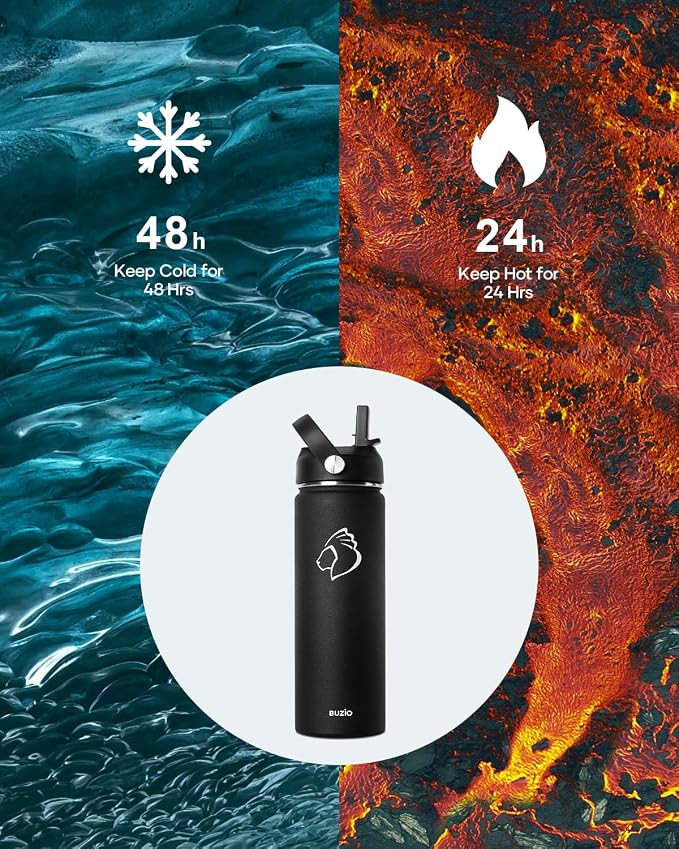 BUZIO 24 oz Insulated Water Bottle, Stainless Steel Wide Mouth Water Flask - Image 2