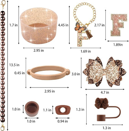 9PCS Brown for Stanley Cup Accessories Set Bling Initials Bow Charms for - Image 3