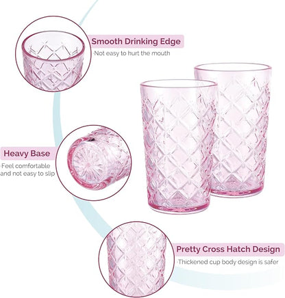 Drinking Highball Glasses Set of 4, Vintage Cross Hatch Glass Cups, 15.5oz Tall - Image 3