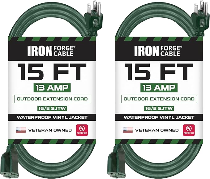 Pack of 2 Outdoor Extension Cords, 15 FT ea by IronForgeCable